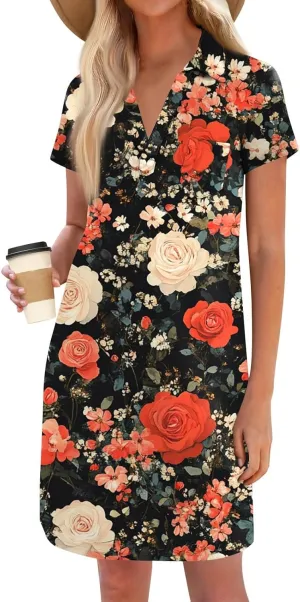 HXHYQKP Shift Dresses for Women 2025 Summer Short Sleeve Mini T-Shirt Dress V Neck Loose Beach Cover Up Shirts