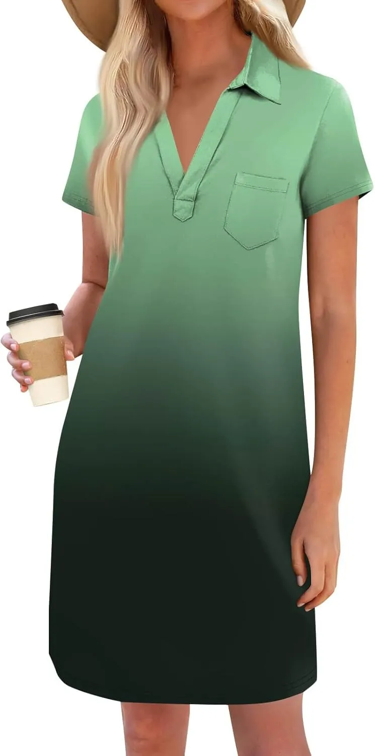 HXHYQKP Shift Dresses for Women 2025 Summer Short Sleeve Mini T-Shirt Dress V Neck Loose Beach Cover Up Shirts