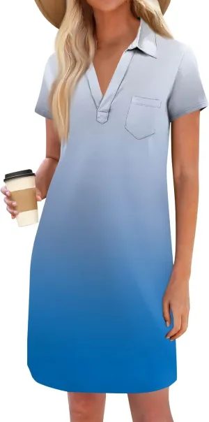 HXHYQKP Shift Dresses for Women 2025 Summer Short Sleeve Mini T-Shirt Dress V Neck Loose Beach Cover Up Shirts