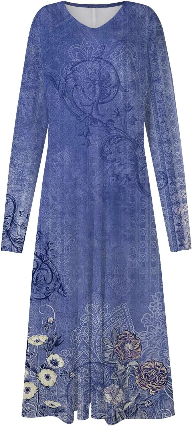 HXHYQKP Women's Formal Dresses Birthday Gifts for Women Boho Dress Long Sleeve Wrap V Neck Ruffle Belted Maxi Dresse
