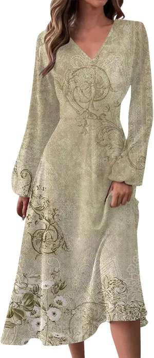 HXHYQKP Women's Formal Dresses Birthday Gifts for Women Boho Dress Long Sleeve Wrap V Neck Ruffle Belted Maxi Dresse
