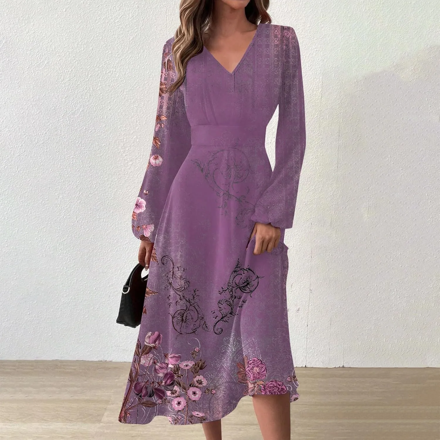 HXHYQKP Women's Formal Dresses Birthday Gifts for Women Boho Dress Long Sleeve Wrap V Neck Ruffle Belted Maxi Dresse