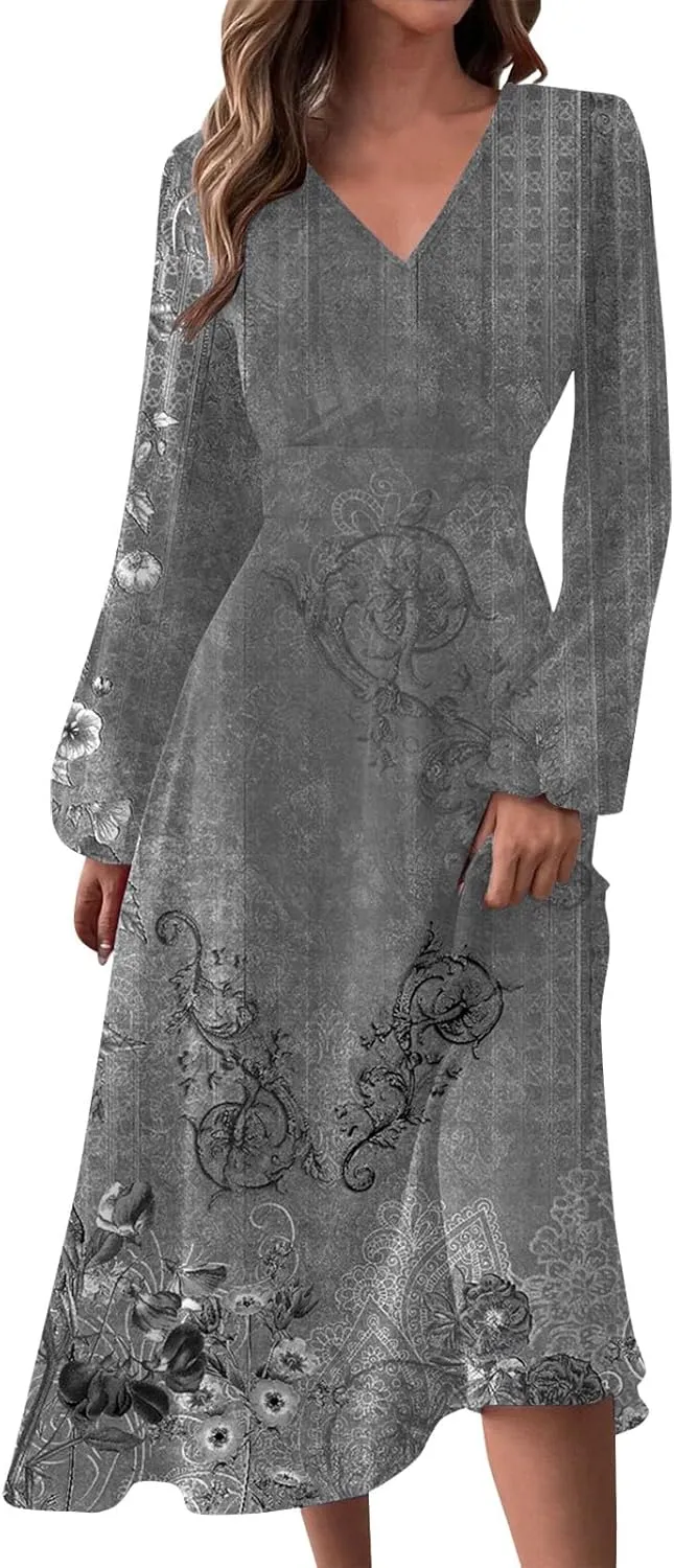 HXHYQKP Women's Formal Dresses Birthday Gifts for Women Boho Dress Long Sleeve Wrap V Neck Ruffle Belted Maxi Dresse