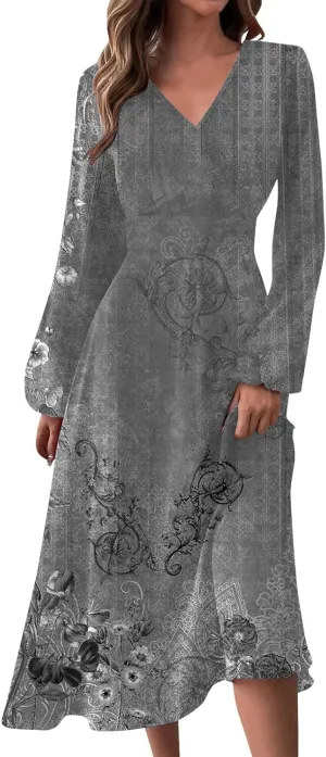 HXHYQKP Women's Formal Dresses Birthday Gifts for Women Boho Dress Long Sleeve Wrap V Neck Ruffle Belted Maxi Dresse