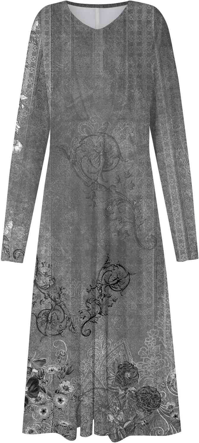 HXHYQKP Women's Formal Dresses Birthday Gifts for Women Boho Dress Long Sleeve Wrap V Neck Ruffle Belted Maxi Dresse