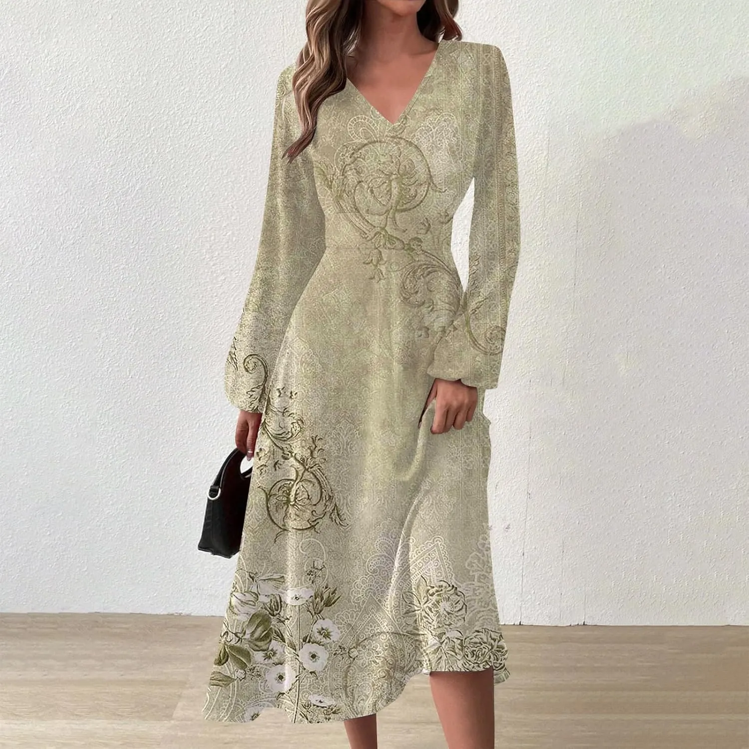 HXHYQKP Women's Formal Dresses Birthday Gifts for Women Boho Dress Long Sleeve Wrap V Neck Ruffle Belted Maxi Dresse