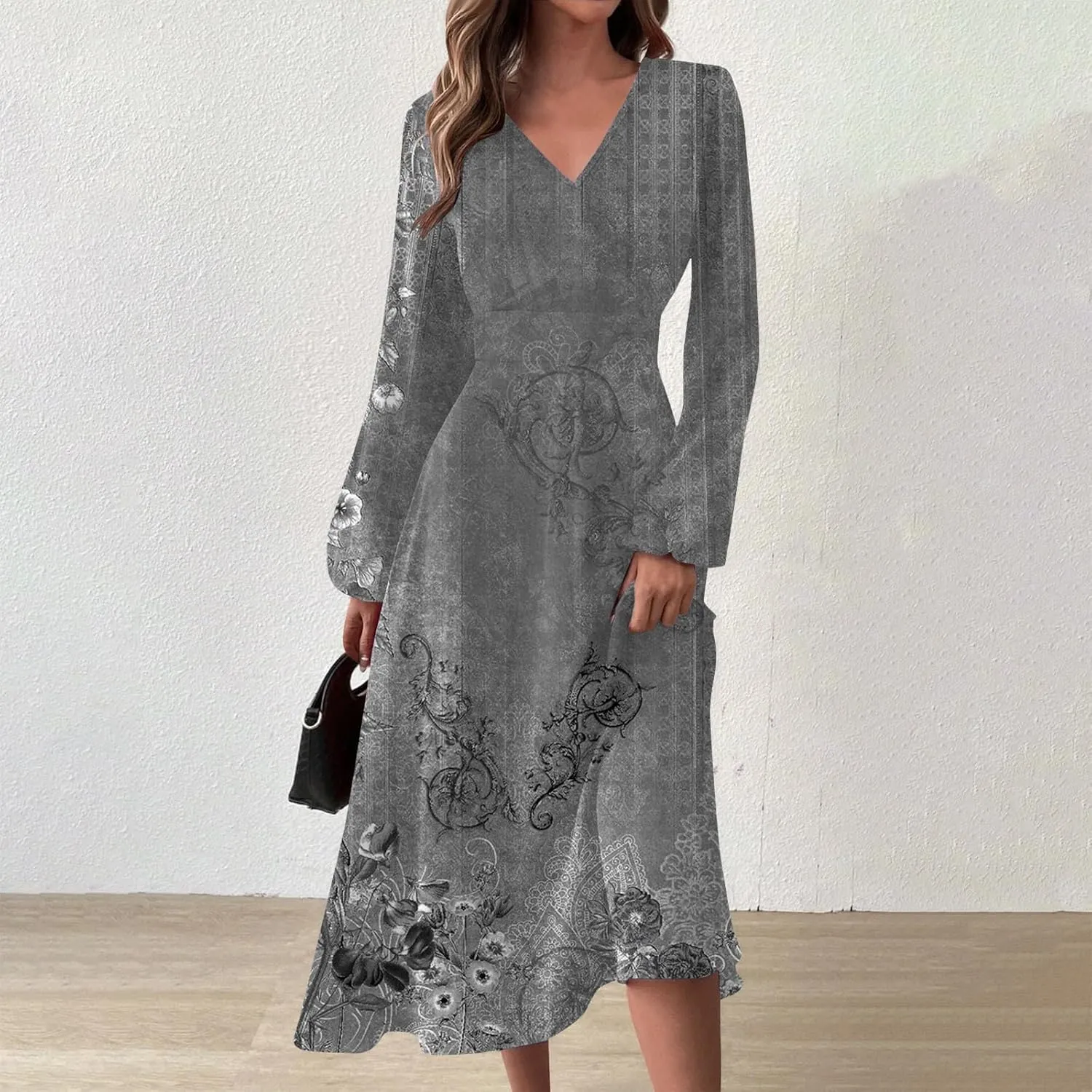 HXHYQKP Women's Formal Dresses Birthday Gifts for Women Boho Dress Long Sleeve Wrap V Neck Ruffle Belted Maxi Dresse