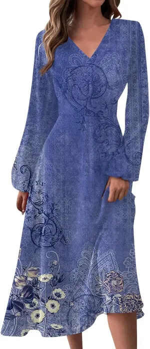 HXHYQKP Women's Formal Dresses Birthday Gifts for Women Boho Dress Long Sleeve Wrap V Neck Ruffle Belted Maxi Dresse
