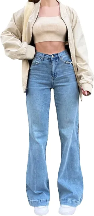 Jeans for Women High Waist Plus Size Flared Straight Leg Loose Trendy Bell Bottom Denim Pants Summer Wide Leg Pants