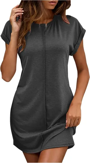JOAU Summer Dresses for Women 2025 Loose Crew Neck Rolled Short Sleeve Casual T Shirt Dress Sleepwear Beach Swimsuit Cover Up
