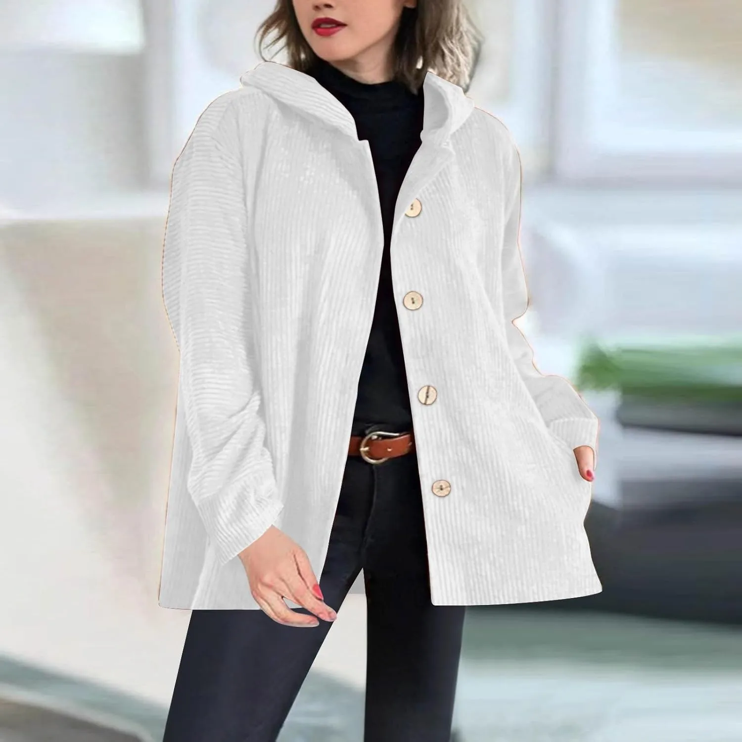 JOAU Women's Corduroy Jackets Casual Long Sleeve Button Down Hooded Jackets Loose Lightweight Shacket Coats with Pockets