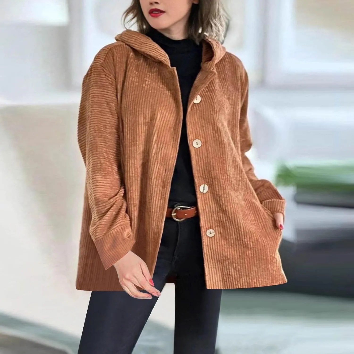 JOAU Women's Corduroy Jackets Casual Long Sleeve Button Down Hooded Jackets Loose Lightweight Shacket Coats with Pockets