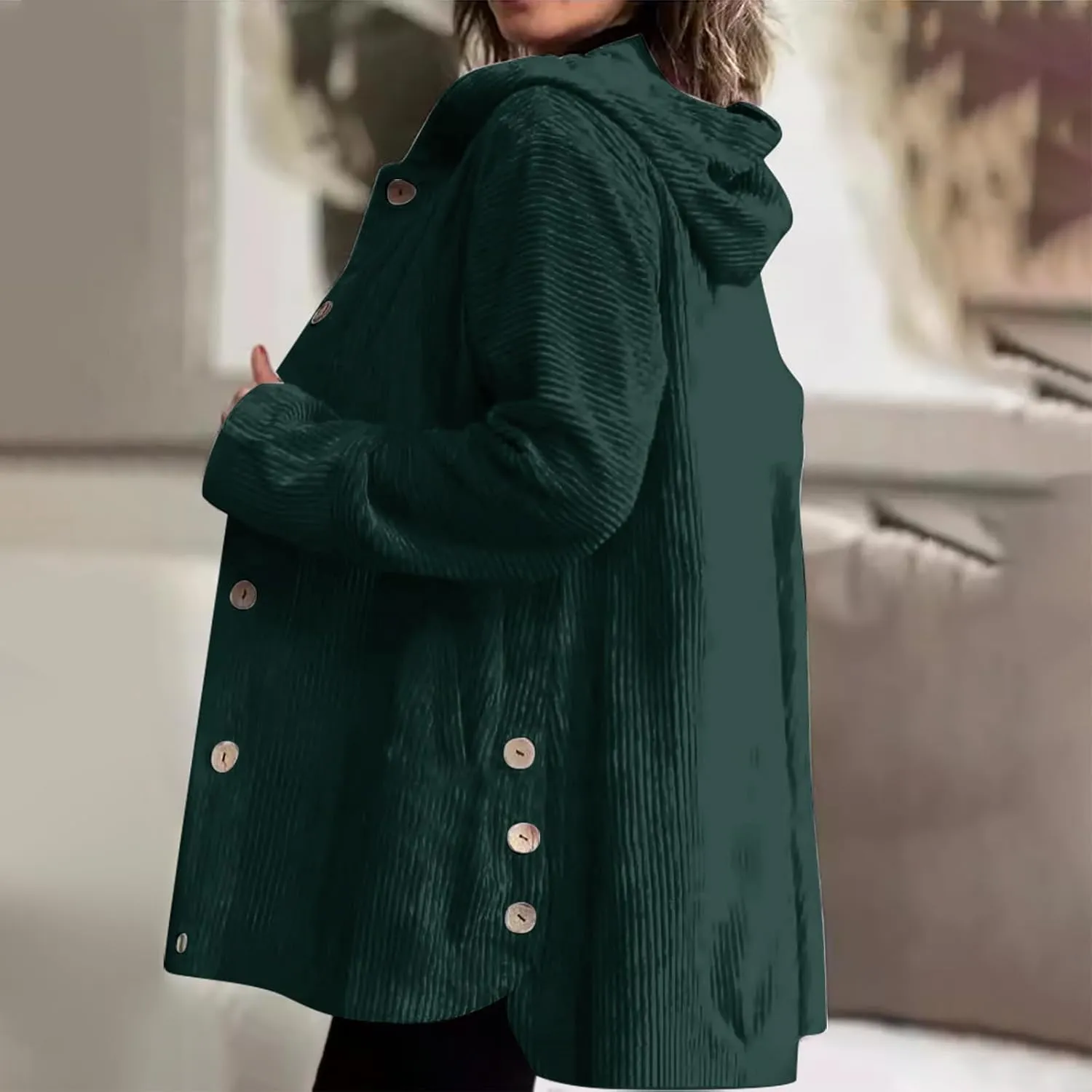 JOAU Women's Corduroy Jackets Casual Long Sleeve Button Down Hooded Jackets Loose Lightweight Shacket Coats with Pockets