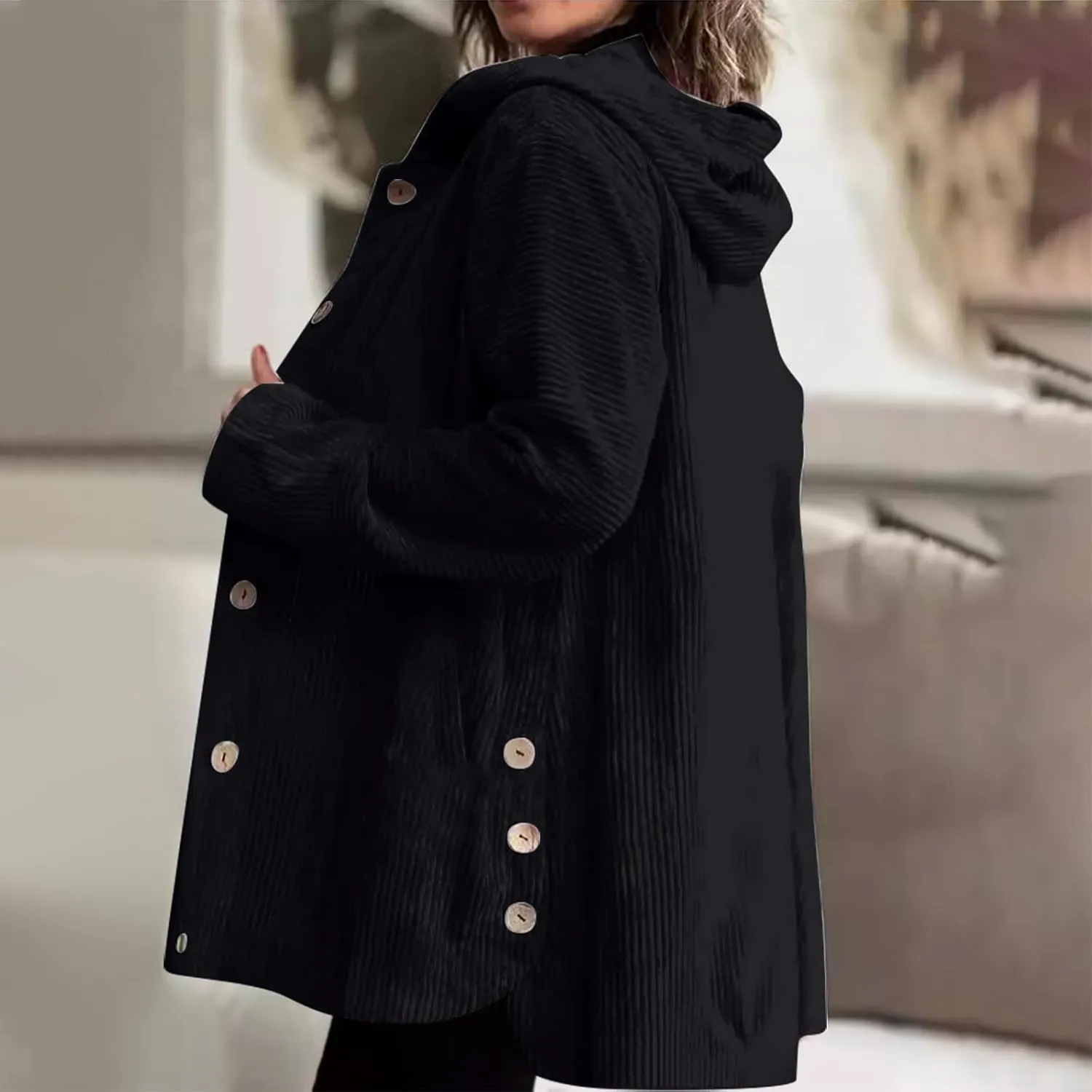 JOAU Women's Corduroy Jackets Casual Long Sleeve Button Down Hooded Jackets Loose Lightweight Shacket Coats with Pockets