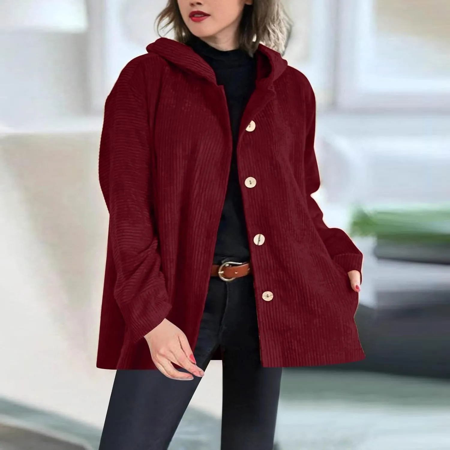 JOAU Women's Corduroy Jackets Casual Long Sleeve Button Down Hooded Jackets Loose Lightweight Shacket Coats with Pockets