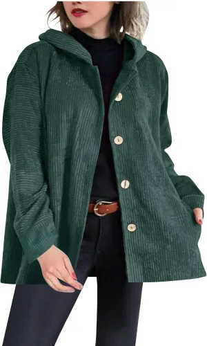 JOAU Women's Corduroy Jackets Casual Long Sleeve Button Down Hooded Jackets Loose Lightweight Shacket Coats with Pockets