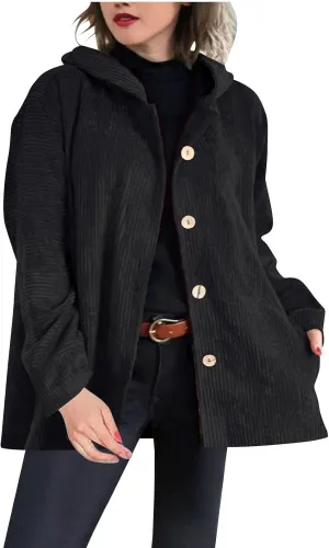 JOAU Women's Corduroy Jackets Casual Long Sleeve Button Down Hooded Jackets Loose Lightweight Shacket Coats with Pockets