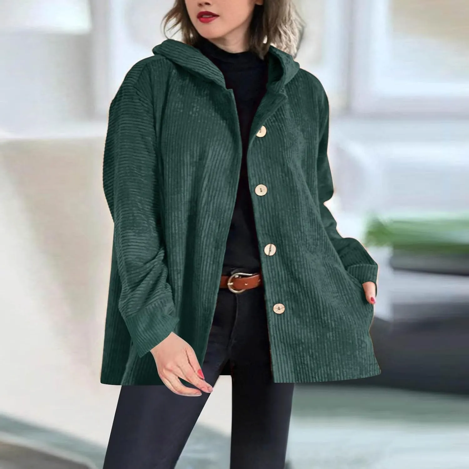 JOAU Women's Corduroy Jackets Casual Long Sleeve Button Down Hooded Jackets Loose Lightweight Shacket Coats with Pockets