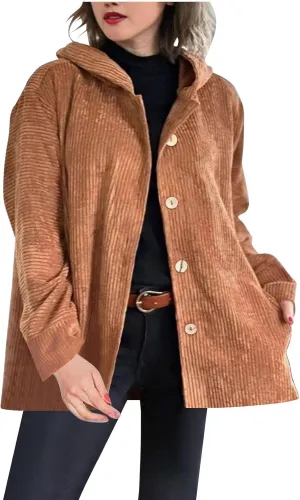 JOAU Women's Corduroy Jackets Casual Long Sleeve Button Down Hooded Jackets Loose Lightweight Shacket Coats with Pockets