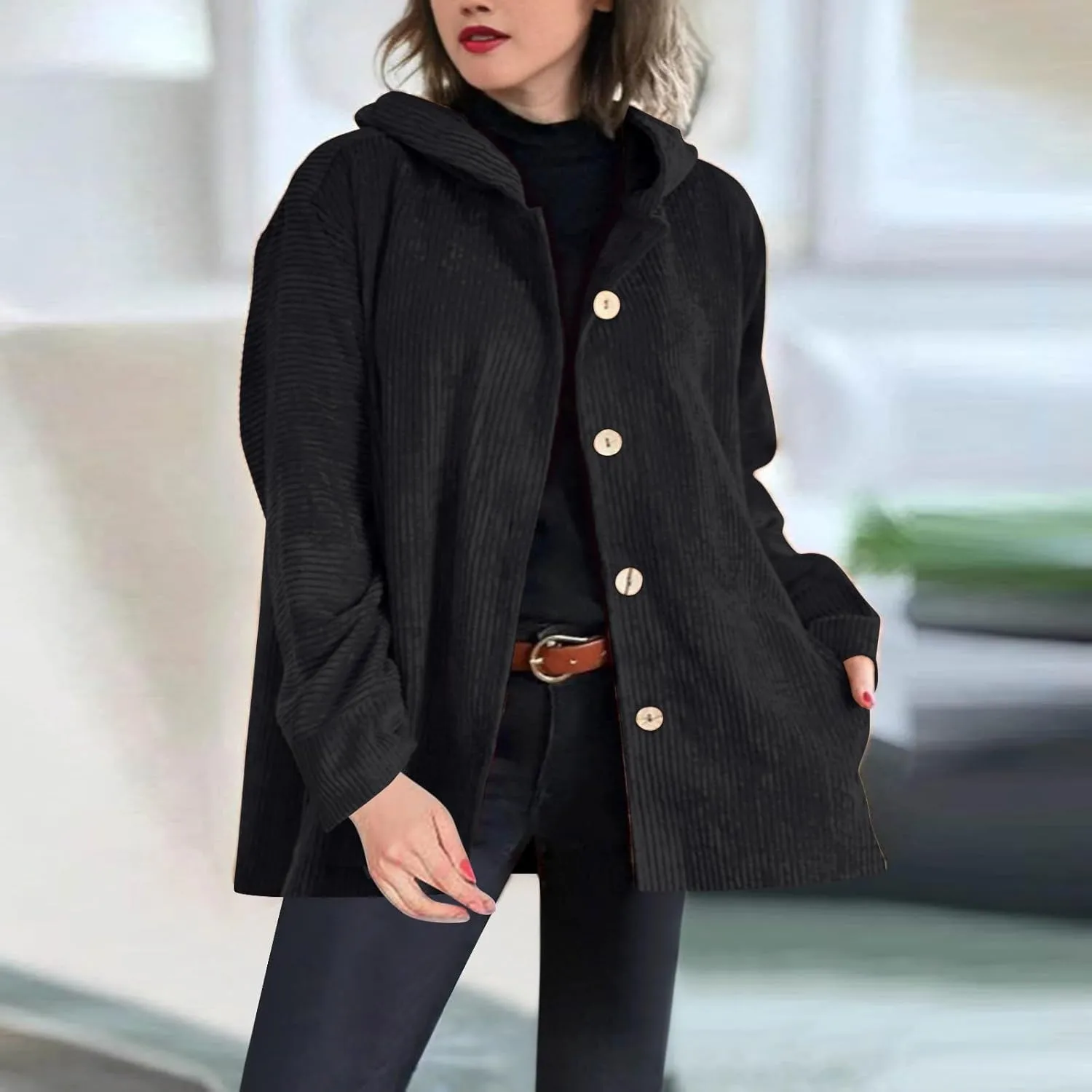 JOAU Women's Corduroy Jackets Casual Long Sleeve Button Down Hooded Jackets Loose Lightweight Shacket Coats with Pockets