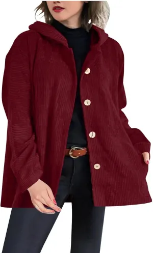 JOAU Women's Corduroy Jackets Casual Long Sleeve Button Down Hooded Jackets Loose Lightweight Shacket Coats with Pockets
