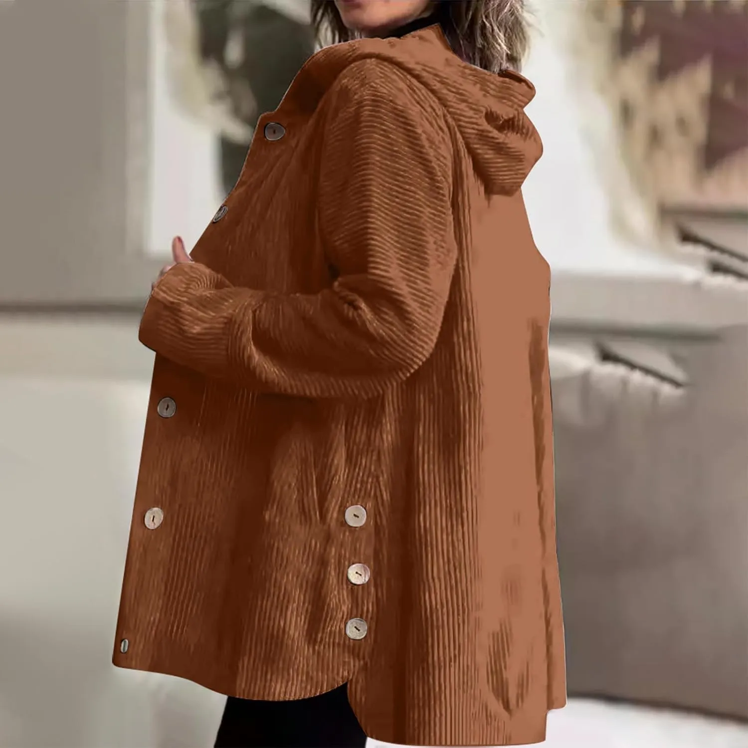JOAU Women's Corduroy Jackets Casual Long Sleeve Button Down Hooded Jackets Loose Lightweight Shacket Coats with Pockets