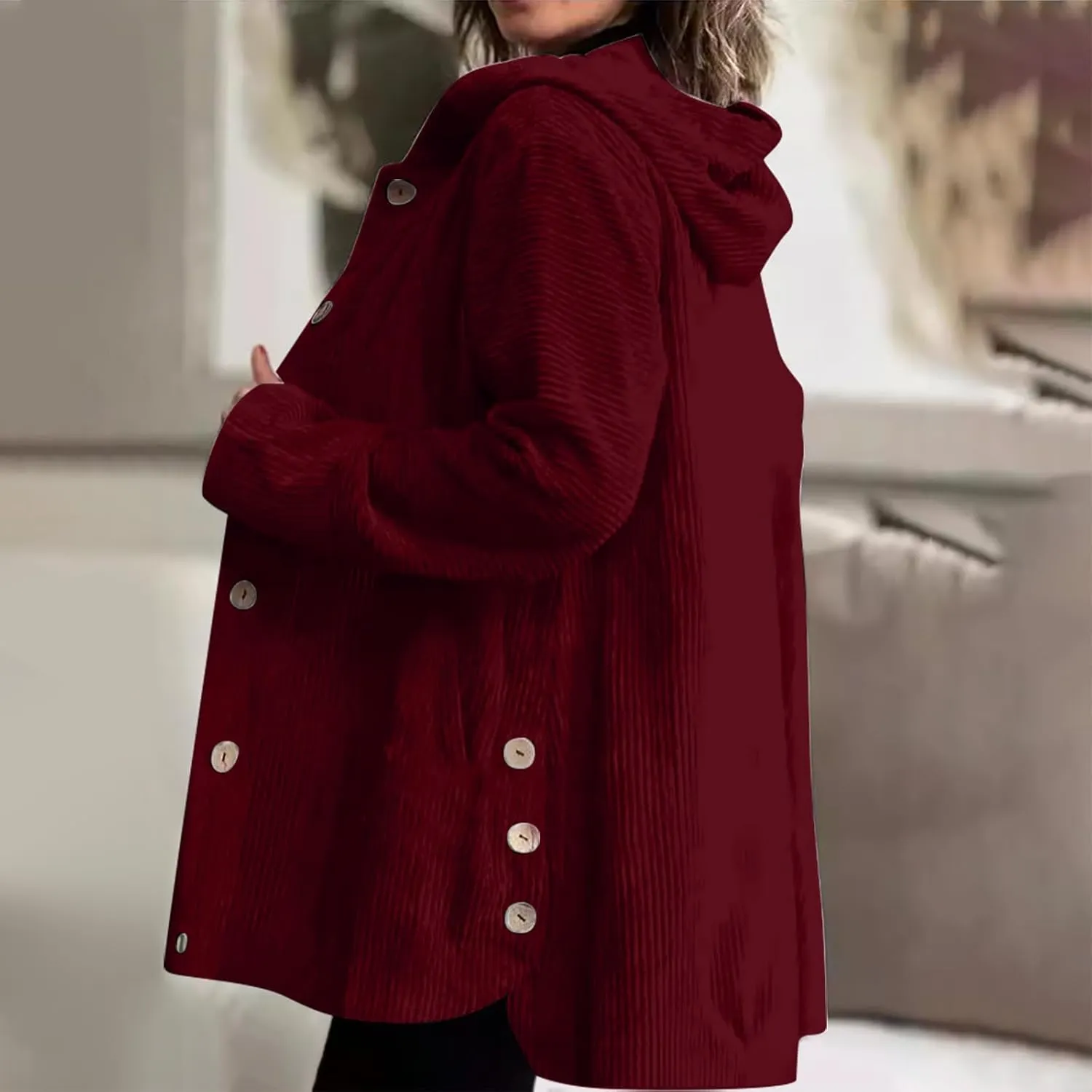 JOAU Women's Corduroy Jackets Casual Long Sleeve Button Down Hooded Jackets Loose Lightweight Shacket Coats with Pockets
