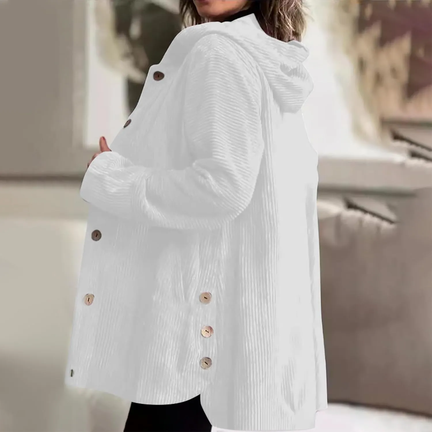 JOAU Women's Corduroy Jackets Casual Long Sleeve Button Down Hooded Jackets Loose Lightweight Shacket Coats with Pockets