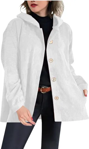 JOAU Women's Corduroy Jackets Casual Long Sleeve Button Down Hooded Jackets Loose Lightweight Shacket Coats with Pockets