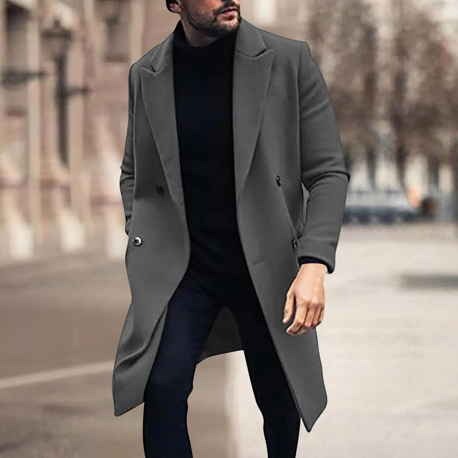 Juejuezi Men's Trench Coat Long Wool Jackets Winter Classic Windbreakers Cotton Casual Woollen Overcoat with Pockets