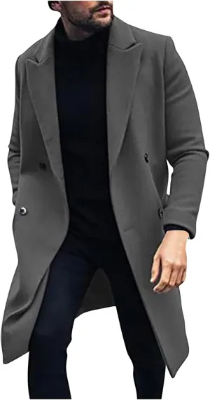 Juejuezi Men's Trench Coat Long Wool Jackets Winter Classic Windbreakers Cotton Casual Woollen Overcoat with Pockets