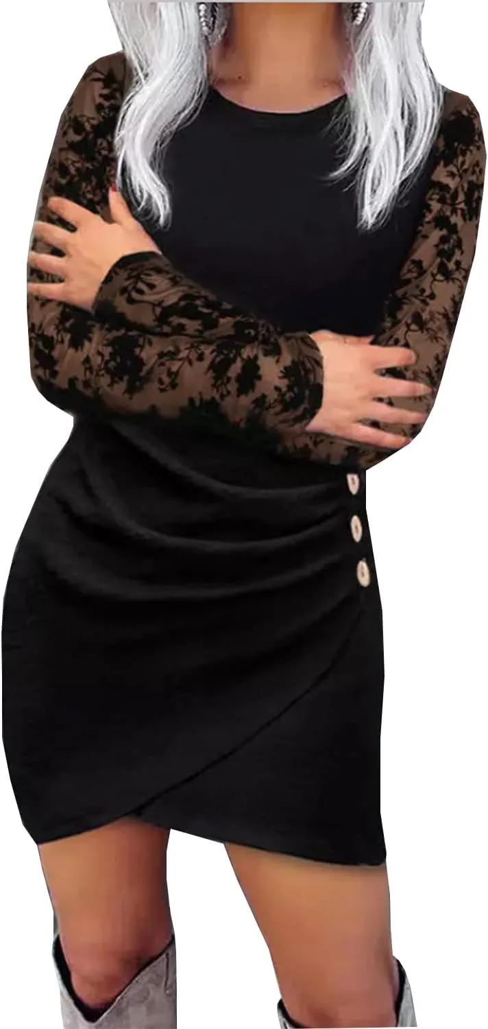 Lace Splicing Ruched Button Mini Dress Women Sexy Bodycon Wrap Party Evening Dress Button Long Sleeve Dresses