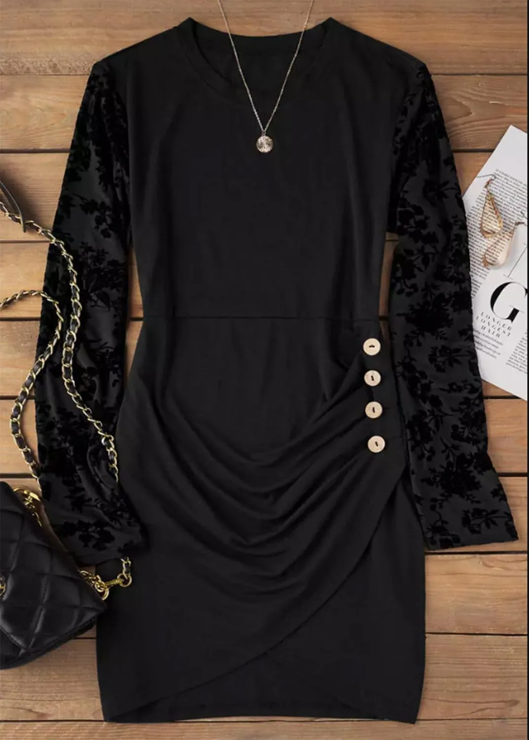 Lace Splicing Ruched Button Mini Dress Women Sexy Bodycon Wrap Party Evening Dress Button Long Sleeve Dresses