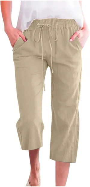 Ladies Drawstring Pants Summer Solid Color Trendy Women's Pocket 2024 Trousers Crop Pants Loose Comfy