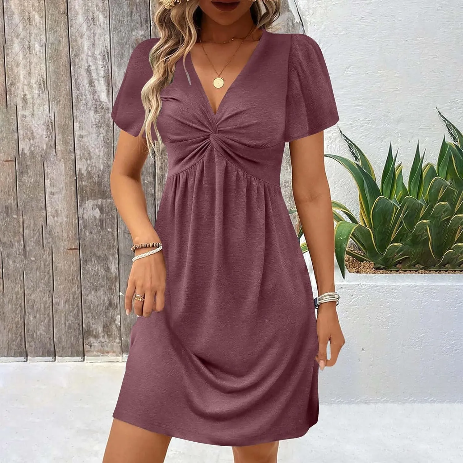 Ladies' Solid Short Sleeve Dresses Ruffle Sexy Elegant Party Dress High Waisted Elastic Tunic Mini Women Dress