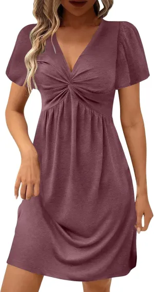 Ladies' Solid Short Sleeve Dresses Ruffle Sexy Elegant Party Dress High Waisted Elastic Tunic Mini Women Dress