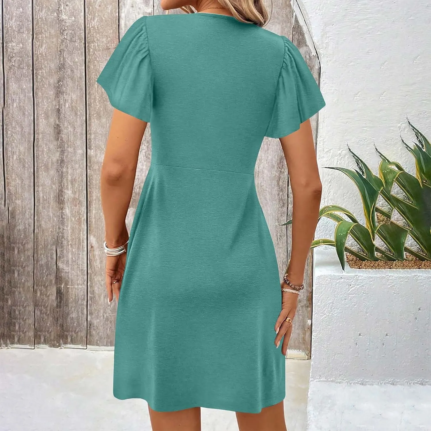 Ladies' Solid Short Sleeve Dresses Ruffle Sexy Elegant Party Dress High Waisted Elastic Tunic Mini Women Dress