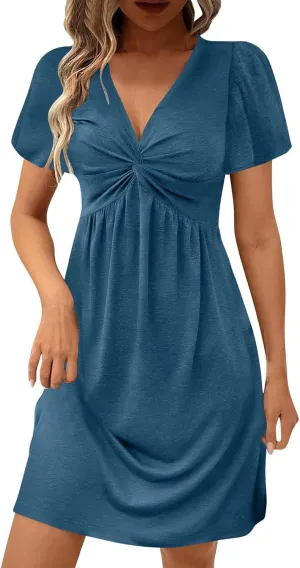 Ladies' Solid Short Sleeve Dresses Ruffle Sexy Elegant Party Dress High Waisted Elastic Tunic Mini Women Dress