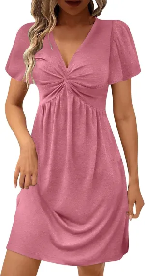 Ladies' Solid Short Sleeve Dresses Ruffle Sexy Elegant Party Dress High Waisted Elastic Tunic Mini Women Dress