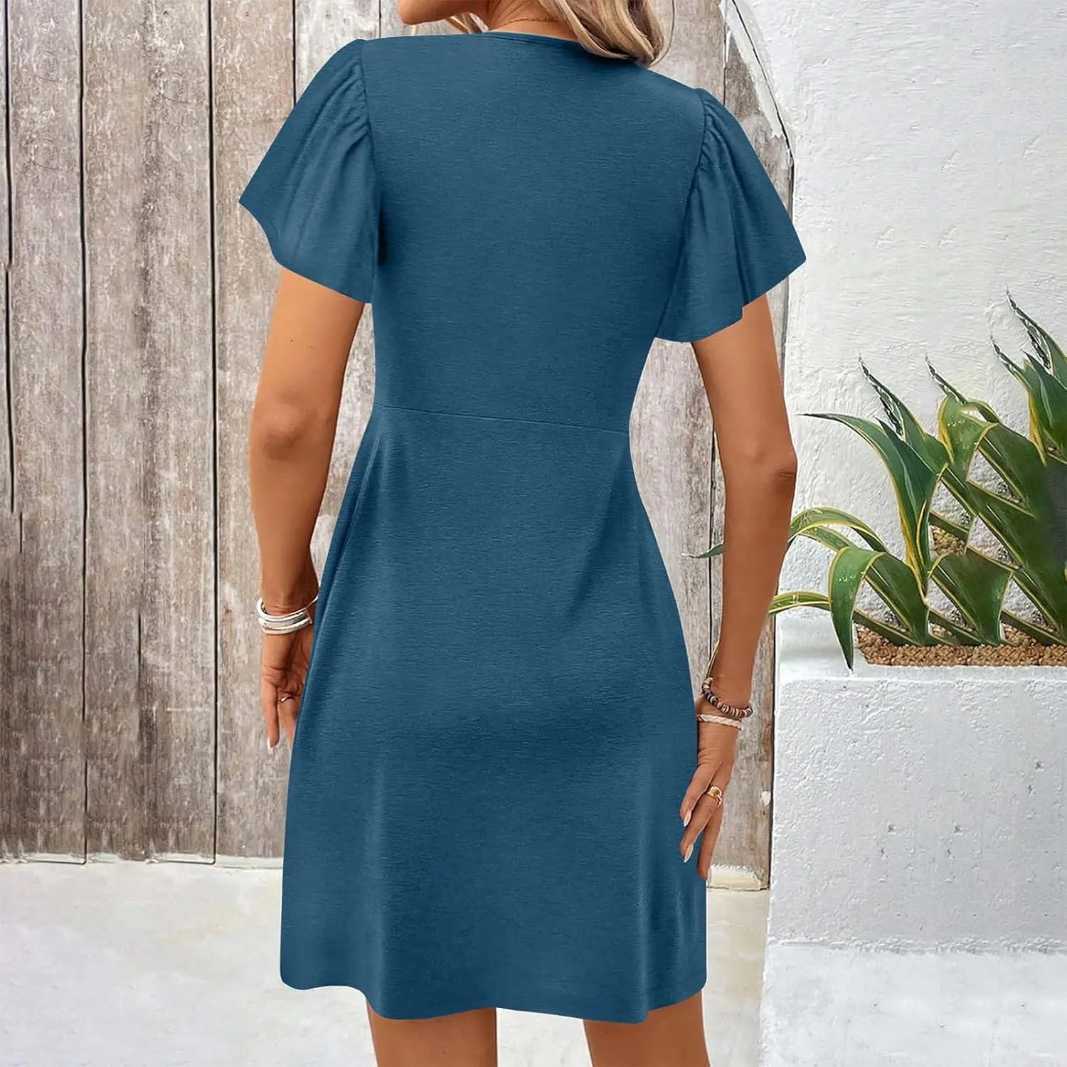 Ladies' Solid Short Sleeve Dresses Ruffle Sexy Elegant Party Dress High Waisted Elastic Tunic Mini Women Dress