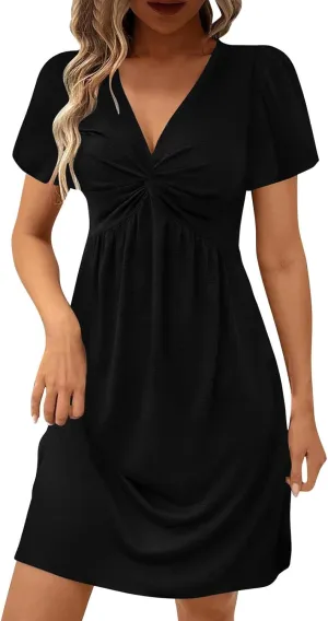 Ladies' Solid Short Sleeve Dresses Ruffle Sexy Elegant Party Dress High Waisted Elastic Tunic Mini Women Dress