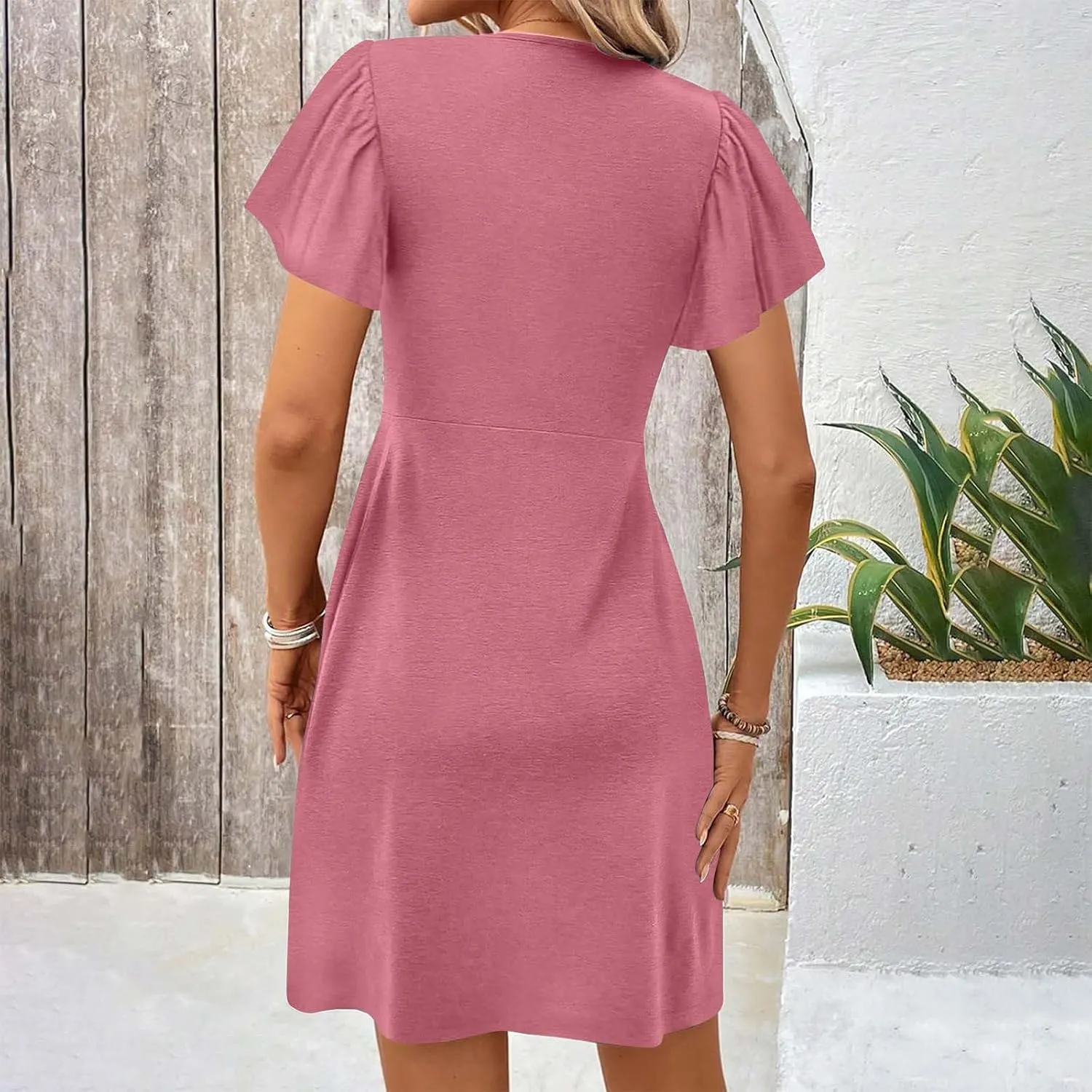 Ladies' Solid Short Sleeve Dresses Ruffle Sexy Elegant Party Dress High Waisted Elastic Tunic Mini Women Dress