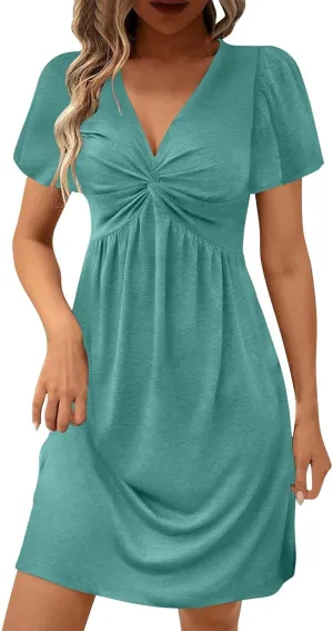 Ladies' Solid Short Sleeve Dresses Ruffle Sexy Elegant Party Dress High Waisted Elastic Tunic Mini Women Dress