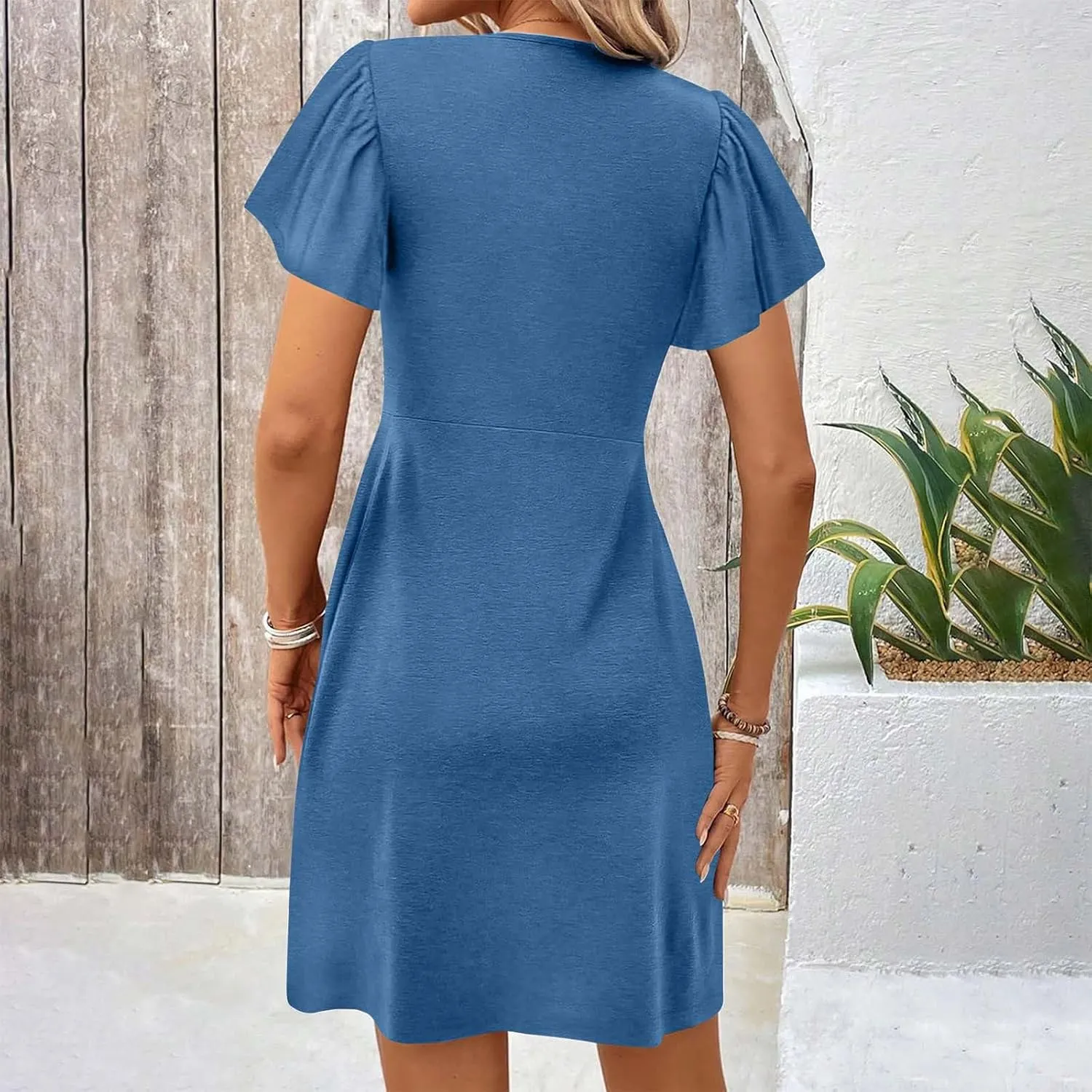 Ladies' Solid Short Sleeve Dresses Ruffle Sexy Elegant Party Dress High Waisted Elastic Tunic Mini Women Dress