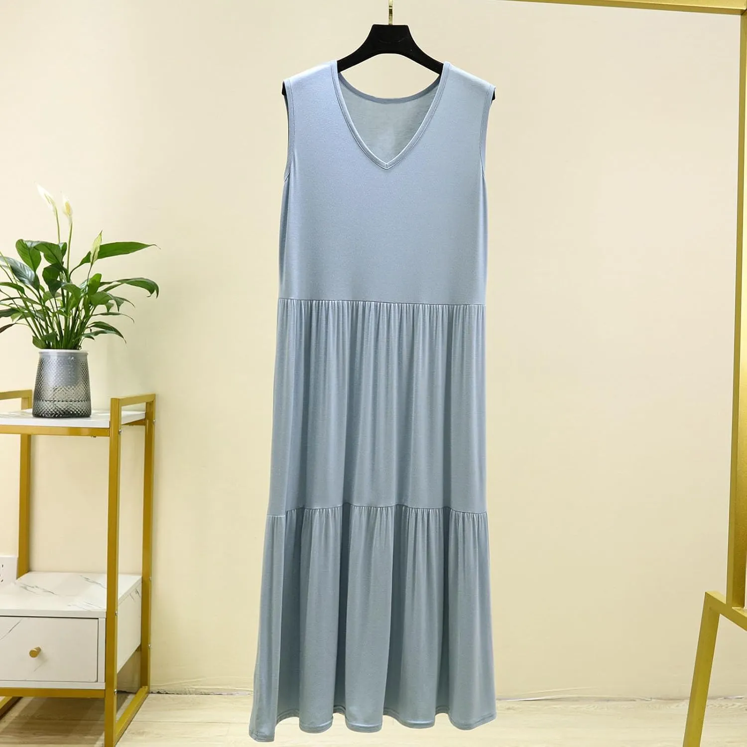 LEMONONSTORE 2025 Fashion Pleated Summer Dresses Women Sleeveless Cotton Linen Maxi Dress Plain V Neck Casual Beach Sundress