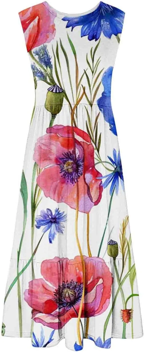 LEMONONSTORE Summer Dresses for Women 2025 Casual Below-Knee Pleated Swing Tank Dress Loose Fit Pocketed Boho Beach Sundress