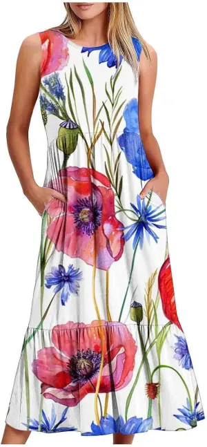LEMONONSTORE Summer Dresses for Women 2025 Casual Below-Knee Pleated Swing Tank Dress Loose Fit Pocketed Boho Beach Sundress