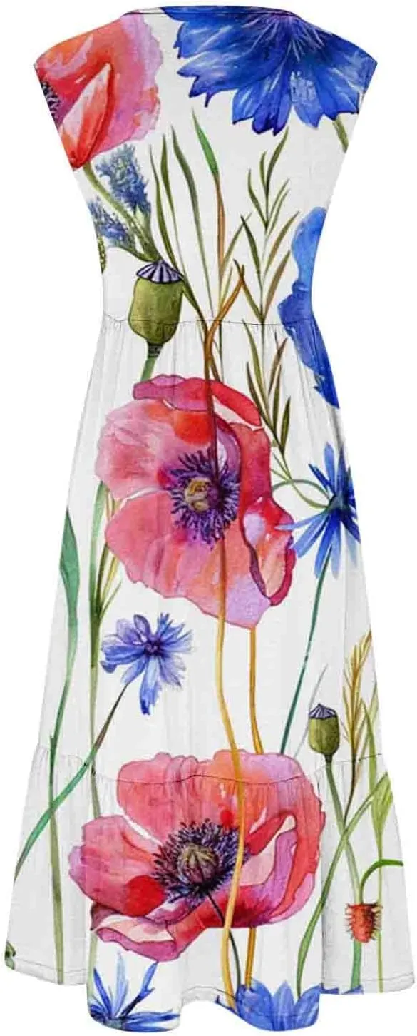 LEMONONSTORE Summer Dresses for Women 2025 Casual Below-Knee Pleated Swing Tank Dress Loose Fit Pocketed Boho Beach Sundress