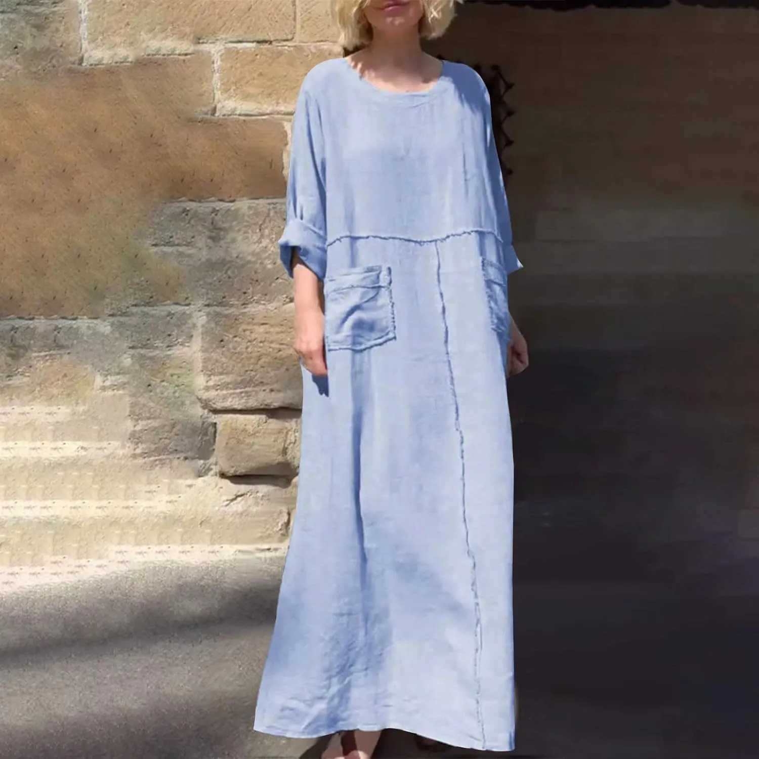 Linen Maxi Dress for Women Casual Crew Neck Long Sleeve Dresses Summer Breathable Loose Pleated Dress with Pockets