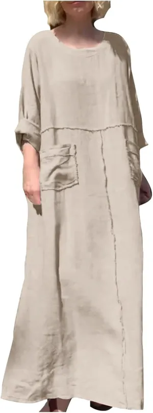 Linen Maxi Dress for Women Casual Crew Neck Long Sleeve Dresses Summer Breathable Loose Pleated Dress with Pockets